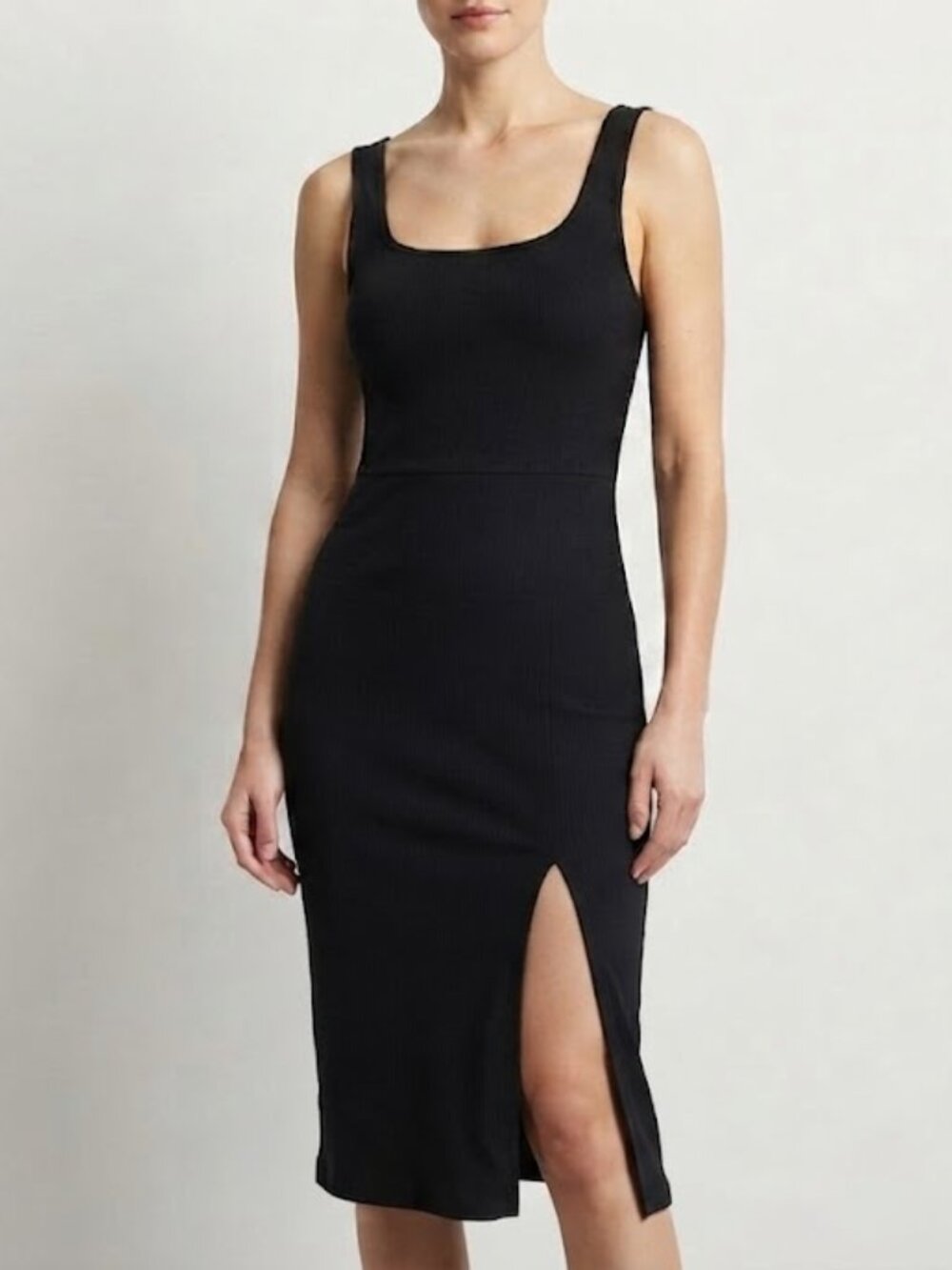 Black Ribbed Scoop Neck Midi Dress